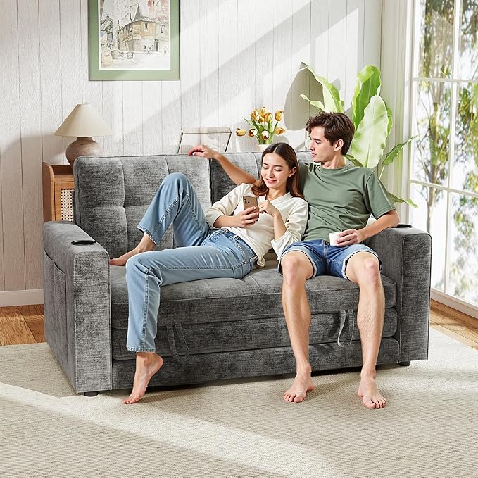 WorthFurni Convertible Sofa Bed Folding Sofa Bed 2 in1 Pull Out Loveseat Sleeper Sofa Floor Sofa Bed for Small Spaces Folding Couch Bed with Pillows for Living Room Bedroom - Grey