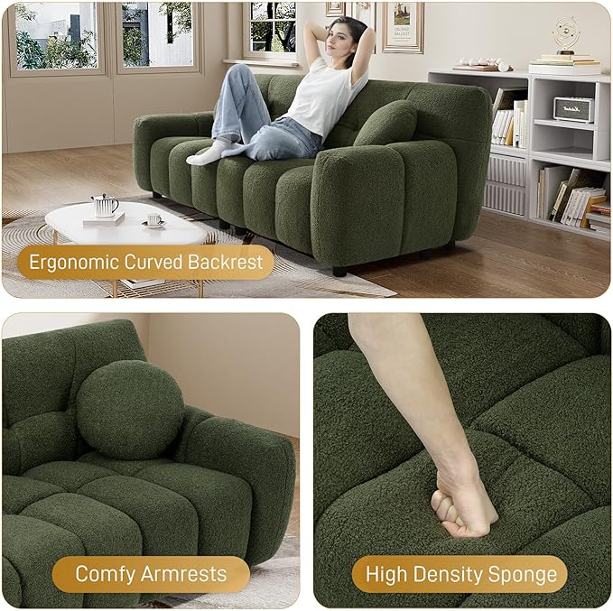 Modern Boucle Sofa Couch Comfy Deep Seat Teddy Cloud Couch 72.8 Upholstered Cozy Sherpa 2 Seater Couches with Pillows Oversized Loveseat Sofa for Living Room Apartment Emerald Green