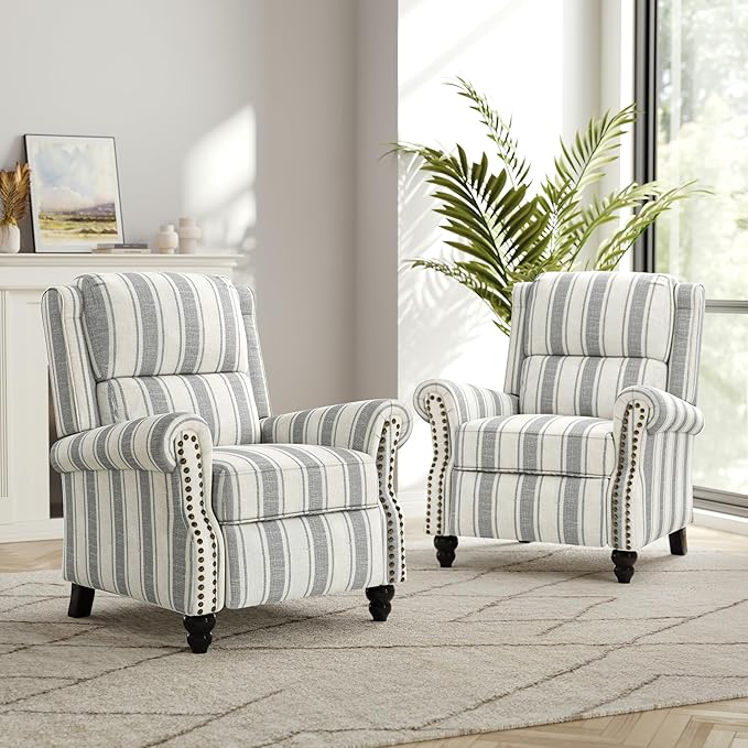 Recliner Chair Modern Pushback Armchair with Adjustable Backrest &amp Footrest for Bedroom Living Room (Grey StripeSet of 1)