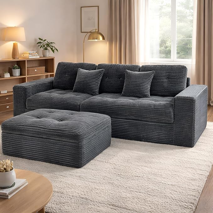L-Shaped Modular Sectional Sofa with Chaise - 105 Inch Boneless Comfy Corduroy Fluffy Couch with Deep SeatNo Assembly Required Apartments &amp Living RoomsGray