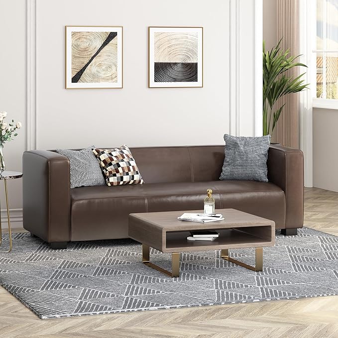 80.25 PU Leather Upholstered Couch Modern 3 Seater Sofa with Tufted Back and Square Arms Nailhead Sofa for Living Room Office Apartment Small Space Dark Brown