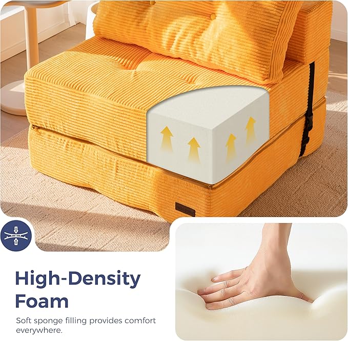 MAXYOYO Folding Sofa Bed Convertible Sofa Bed with High-Density Support Foam Portable 4 in 1 Fold Out Chair to Floor Lounger Versatile Floor Couch for Living Room Bedroom Orange