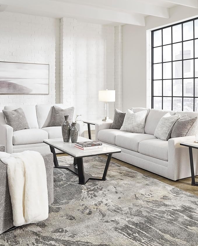 Signature Design by Ashley Maitelynn Contemporary Sofa with Accent Pillows Reversible Cushions and Sloped Arms Light Gray