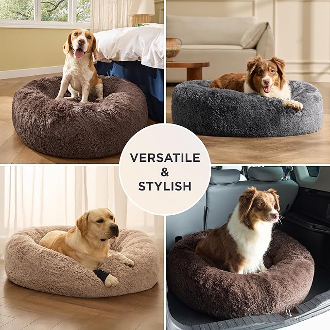 Bedsure Calming Dog Bed for Extra Large Dogs - 45in Donut Washable Large Pet Bed Anti-Slip ＆Removable Cover420GSM Round Anti-Anxiety Fluffy Plush Faux Fur Fits up to 100lbs PetsPlus Version