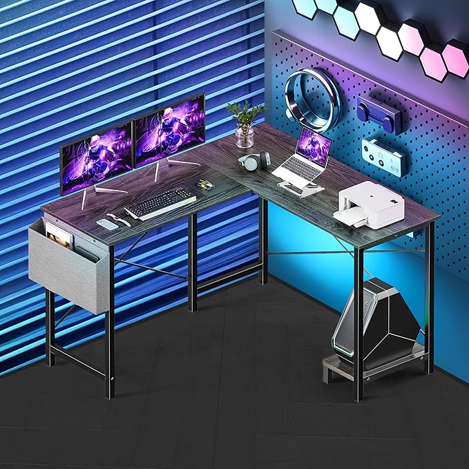 L Shaped Desk Gaming Computer 50 Inch Corner Desks Work Table for Writing Study Student with Wood Tabletop Metal Frame CPU Stand Side Bag for Home Office Small Place Grey