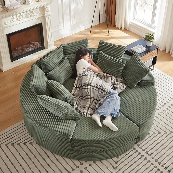 78.5 Oversized Round Chaise LoungeModular Convertible 2-in-1 Sofa Bed Upholstered CorduroyBoneless Plush Couches with PillowNo Assembly RequiredGreen