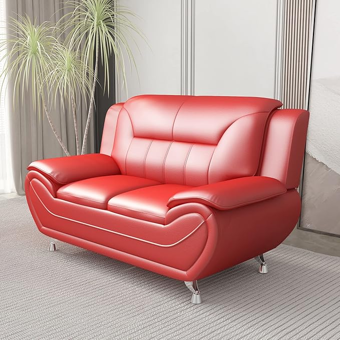 Michael Modern Faux Leather Upholstered Stainless Steel Legs Living Room Loveseat Persian Red