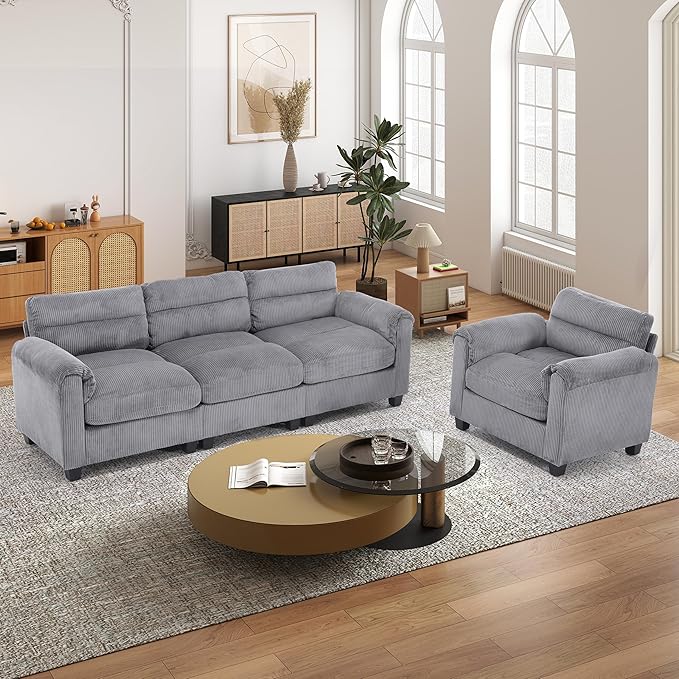 Corduroy Sofa Set Upholstered Armchair and 3-Seater Couch with Plush Cushions and Rolled Arms Modern Living Room Furniture SetsGrey
