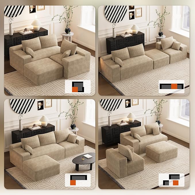 Modular Sectional Sofa Cloud Couch 108'' Comfy U Shaped Sectional Couches for Living Room Deep Seat Cozy Fluffy Corduroy Boneless Couch Sectionals Sofa with Movable Ottomanm Light Brown