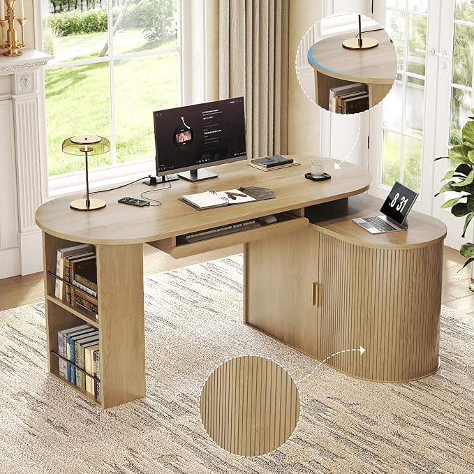 HSH Office L Shaped Computer Desk Large Reversible L Desks with Storage Cabinet and Keyboard Tray Home Office Corner Executive Desk with Power Outlet for Study Workstation Oak 60 Inch