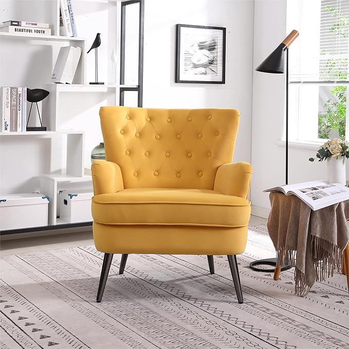 Generic Living Room Chairs Button Tufted Accent Chairs Comfy Bedroom Chair Velvet Side Sitting Chairs Modern Fabric Sofa Slipper Chair for Reading Yellow