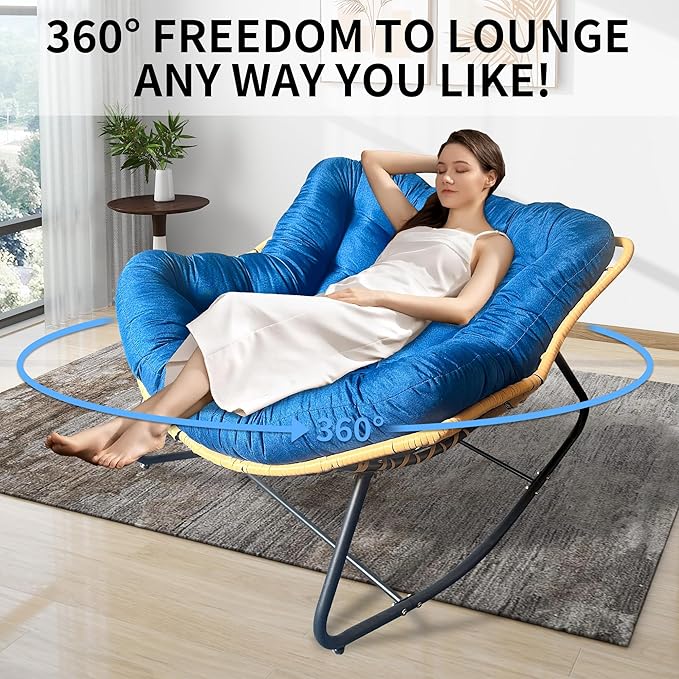 Outdoor Rocking Chair Patio Egg Rocking Chair Indoor Papasan Chair Rattan Wicker Lounge Chair Modern Royal Chair for Bedroom Living Room Porch GardenLawn-Beige (Blue)
