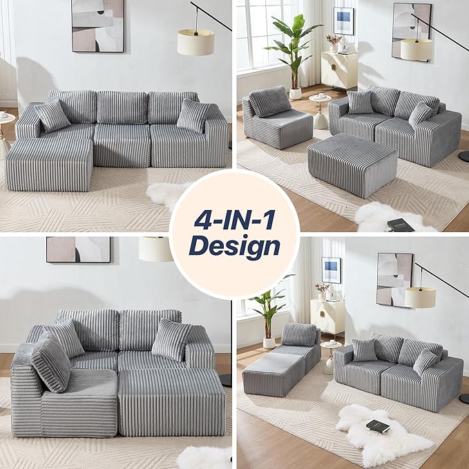 101.5'' Modular Sectional Sofa Cloud Sectional Couch with Deep Seat Comfy Fluffy L Shaped Couches Memory Foam Sofa with 1 Ottoman Corduroy Boneless Couch No Assembly Required Light Gray