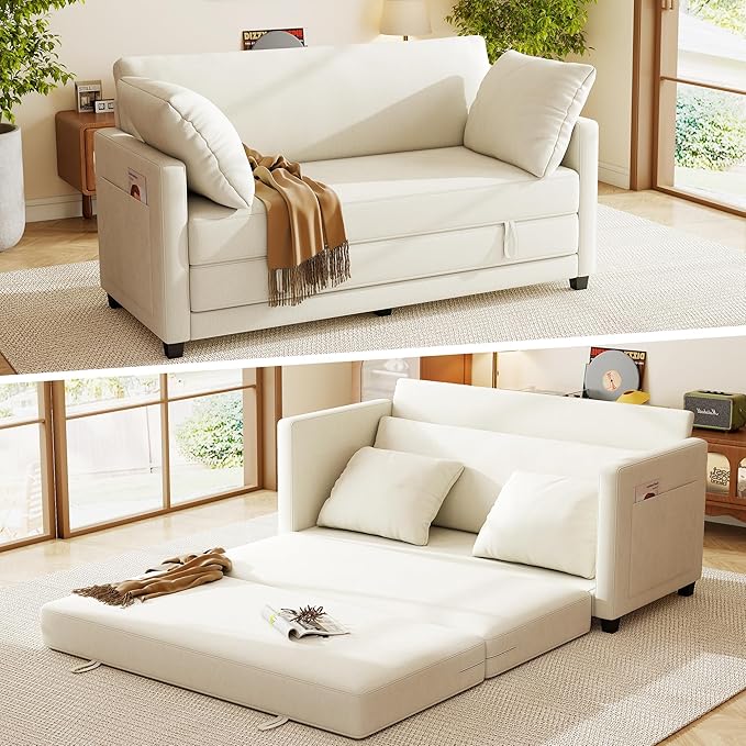 65 Loveseat Sleeper Sofa Bed Chenille Convertible Sofa Bed for Small Spaces Folding Couch Bed with Deep Seat Solid Frame Pull Out Floor Couches for Living Room Beige
