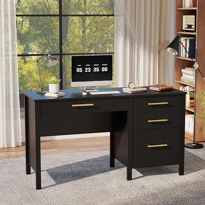 Black Executive Desk with Drawers: 54 Wood Computer Desk with File Drawer Modern Home Office Desks with Storage Fluted Writing Desks for Working Studying (Black 54)