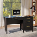 Black Executive Desk with Drawers: 54 Wood Computer Desk with File Drawer Modern Home Office Desks with Storage Fluted Writing Desks for Working Studying (Black 54)