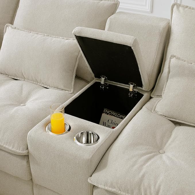 6 Seater Symmetrical U Shaped Modular Sectional Sofa Couch with Storage Console 130 INCH Oversized Tufted Linen Cloud Cushion Sofa Couch with Double Chaise &amp Cupholders