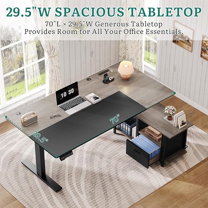 YITAHOME L Shaped Standing Desk with Power Outlets 70.1 Electric Standing Desk Adjustable Height Sit Stand Corner Standing Desks Executive Desk with Drawers &amp Shelves Grey + Black