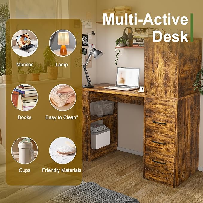 Leavader 43 Small Gaming Desk with with 3 Drawers and 4 Shelves Brown Computer Desk with Hutch and Storage Shelves Home Office Desk with 4-in-1 Power Outlet Suitable for a Variety of Places