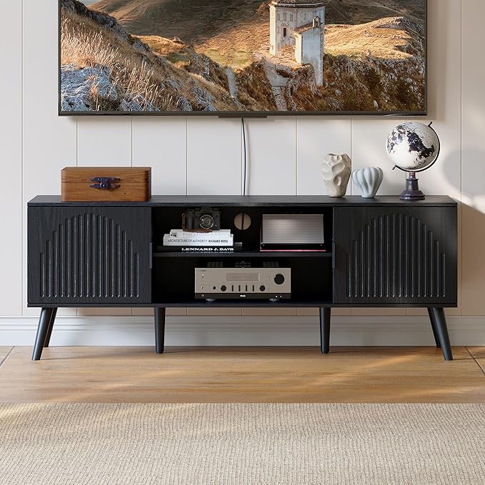 ChooChoo TV Stand for 55/60 Inch TV Mid Century Modern TV Stand Entertainment Center with Storage Cabinet and Open Shelves TV Console Table Media Cabinet for Living Room and Bedroom Black