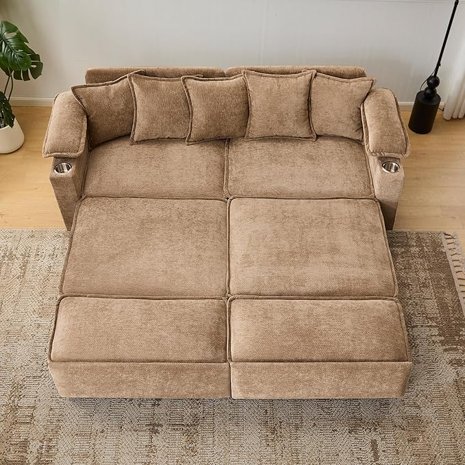 82.7’’ King Size Pull Out Sofa Bed 3 in 1 Convertible Sleeper Sofa Bed with Futon Sofa  Chenille Loveseat Couch Bed with USB Ports and Storage Pockets for Living RoomBedroom Pet-Friendly (Khaki)