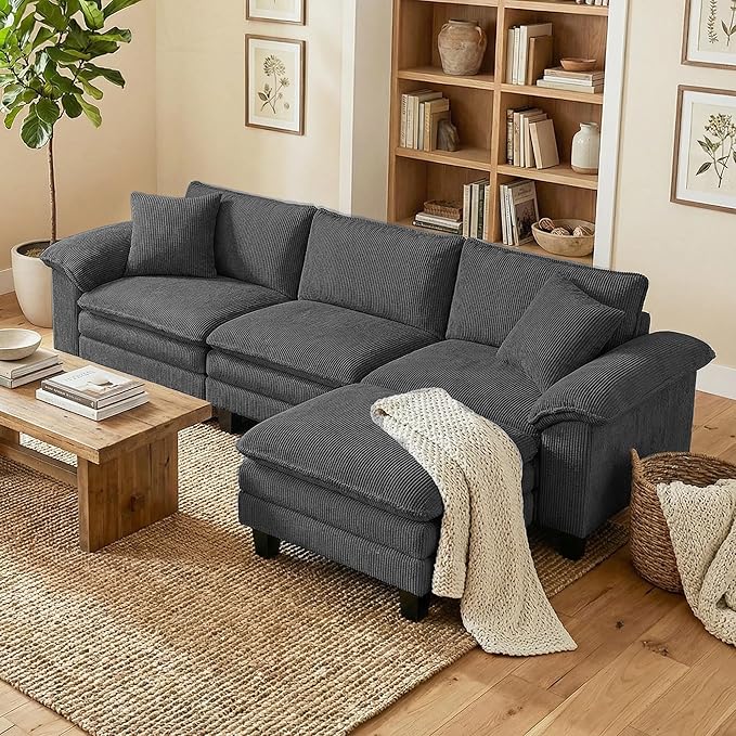 HOMCOM Modular Sectional Sofa Couch 124 Oversized L Shape Sectional Cloud Couch with Deep Seat Movable Ottoman and Pillow-top Armrests for Living Room Bedroom and Apartment Dark Gray | Deep seat