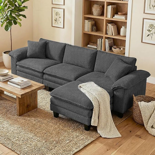 HOMCOM Modular Sectional Sofa Couch 124 Oversized L Shape Sectional Cloud Couch with Deep Seat Movable Ottoman and Pillow-top Armrests for Living Room Bedroom and Apartment Dark Gray | Deep seat