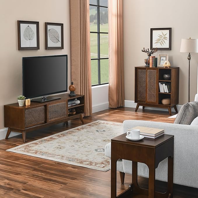 LKTART Boho Mid Century TV Stand59 Rattan Entertainment CenterMedia Console with Solid Wood LegsAdjustable Feet &amp Divided StorageTV Cabinet for 65 Inch TVDark Walnut