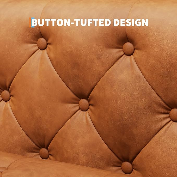 81 Button-Tufted Leather Sofa Mid-Century Modern Chesterfield 3 Seater with Deep Seat and 2 Pillows Ideal Leather Couch for Living Room Apartment and Office Use (Cognac Tan)
