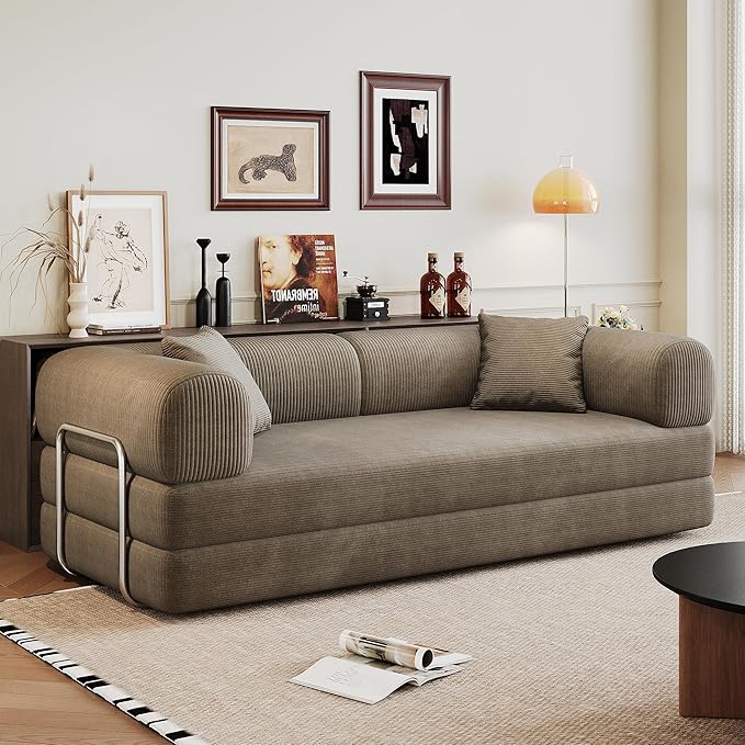 79 Convertible Sleeper Sofa Bed Modern Corduroy Floor Couch Bed with Silver Fixed-Shape Frame Modular Sofa Couch with Pull Out Bed Loveseat Sleeper Boneless Couches for Living Room Camel