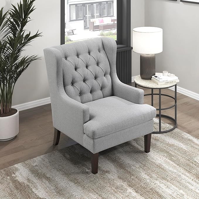 Lexicon Living Room Accent Chair Textured Fabric Upholstered Reading Chair Button-Tufted High Wingback for Living Room/Bedroom/Office Gray