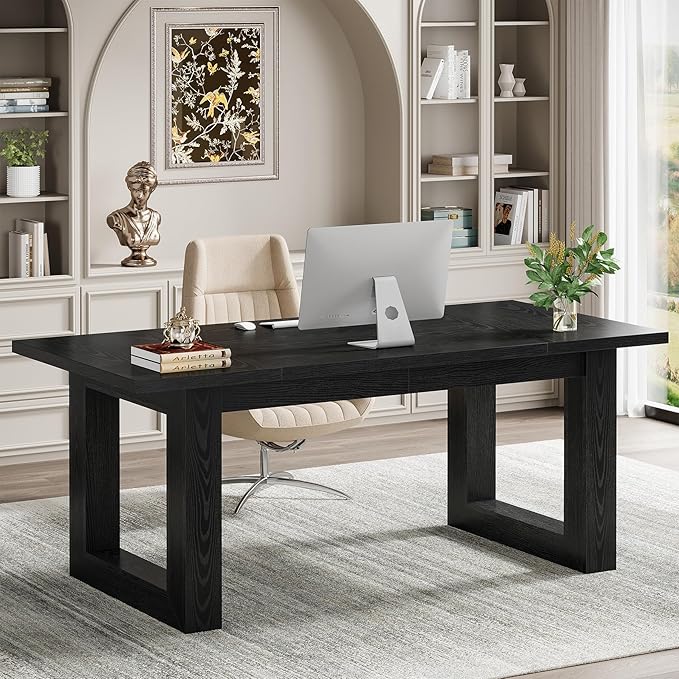 Tribesigns 63-Inch Executive Desk Modern Wood Office Desk Large Computer Table with Solid Wooden Base Work Desk for Home Office (Black)