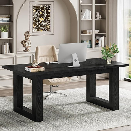 Tribesigns 63-Inch Executive Desk Modern Wood Office Desk Large Computer Table with Solid Wooden Base Work Desk for Home Office (Black)