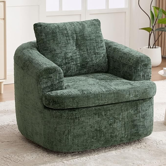 36.6 Boucle Swivel Barrel Chair - Chenille Accent Armchair with Pocket Spring Cushion Ergonomic Armrests &amp Throw Pillow Comfy Single Sofa Chair for Nursery Living Room &amp Offices (Green)