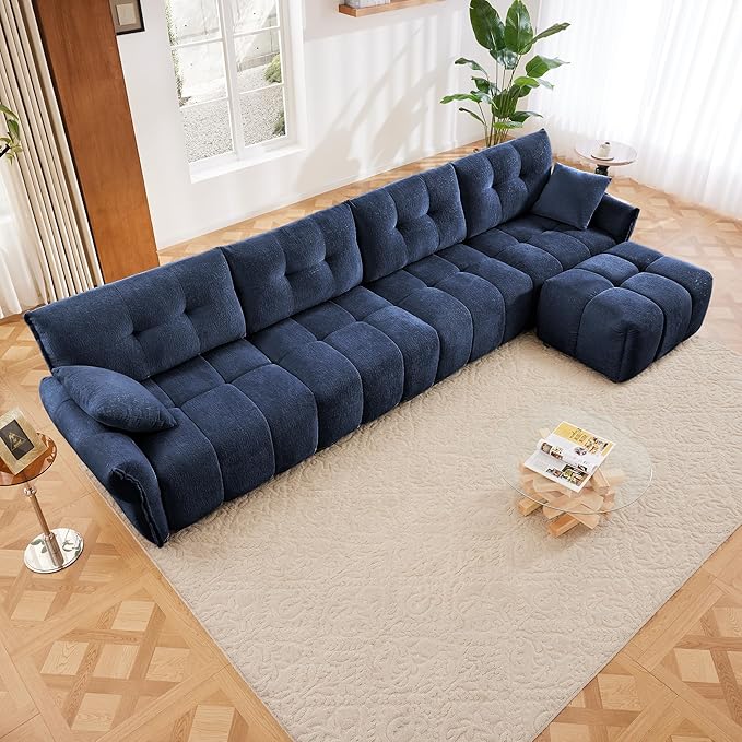 Aoowow Modular Sectional Sofa with Movable Ottoman 141.7” Chenille L Shaped Sofa Couch Upholstered Comfy 4-Seater Couches with Pillows for Living Room Apartment OfficeBlue