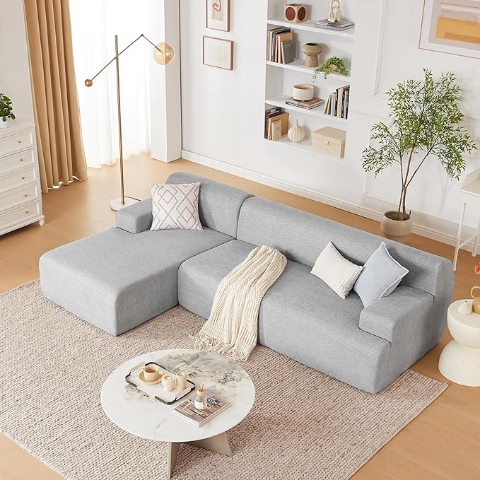 107” Modular Sectional Sofa Boneless Couch Modern Sofa for Living Room High Density Sponges Cloud Couch Sectional L-Shape Couches for Living Room LightGrey