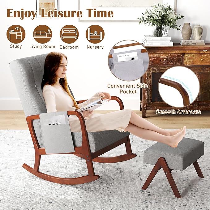 KOMFOTT Rocking Chair with Ottoman Set of 2 Upholstered Rocker Chair with Footrest Side Pocket Stable Rubber Frame &amp Tufted Backrest Mid-Century Modern Rocking Accent Chair for Living Room Gr