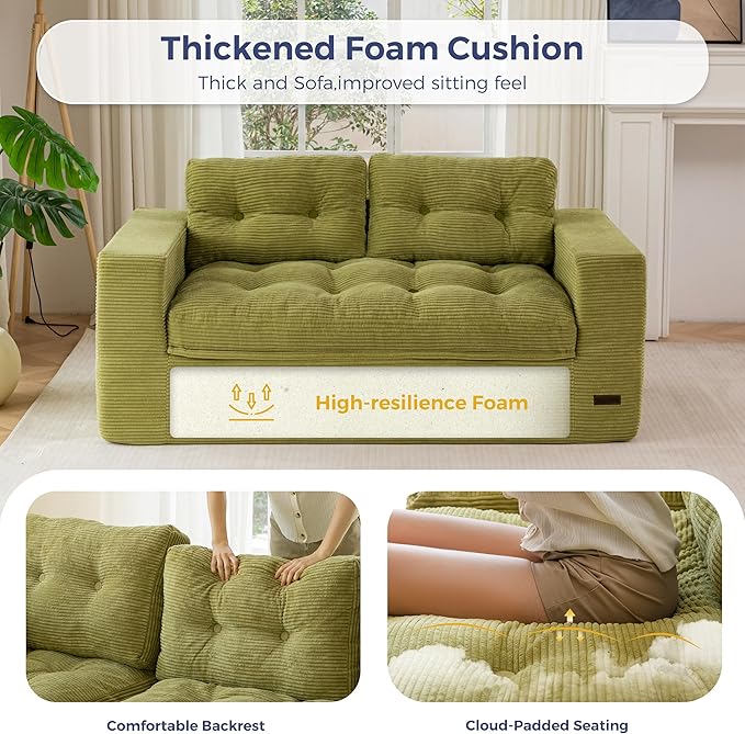 MAXYOYO 63 Boneless Sofa Couch 2-Seater Cloud Couch Floor Loveseat for Small Space with Pillows Tufted Floor Sofa with Layered Cushion for Apartment &amp Lounge No Assembly Required Green