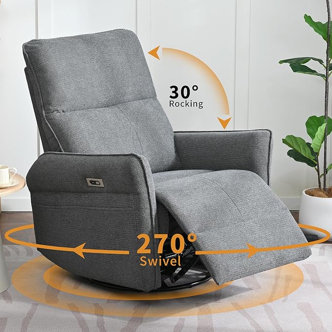 Power Swivel Rocker Recliner Chair for Nursery Upholstered Snowflake Velvet 270°Swivel Glider Rocker Chair with USB Ports Small Power Recliners for Small Spaces Living Room