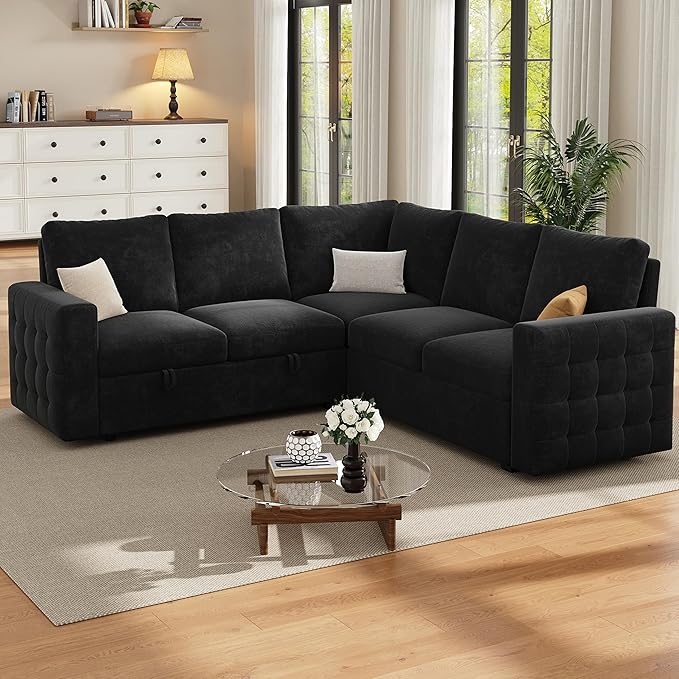 86 Sectional Sleeper Sofa Bed Sleeper Couch with Pull out Bed L Shaped Couch with Storage Modular Sectional Sofa Sectional Couches for Living Room&ampApartment Convertible Sofas Black Couches
