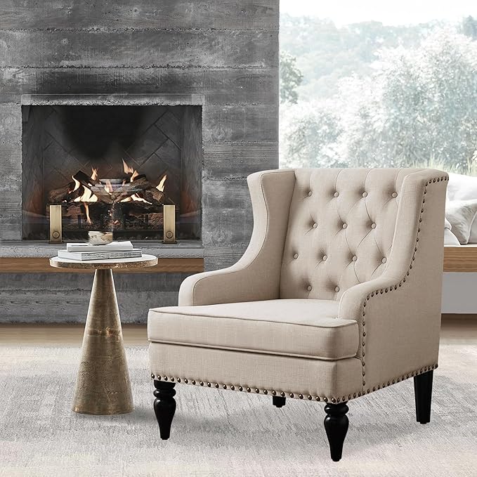 Rosevera Amelia 29 Modern Upholstered Accent Chair Armchair with Wingback Accent Leisure Chair Fabric Reading Living Room Single Sofa for Living Room Bedroom Balcony StudioBeige