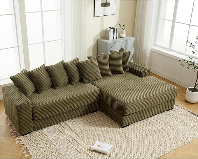 111 Inch Cloud Sectional Couches for Living Room | L-Shaped Sectional Couch with 8 Pillows | Corduroy Couch with Deep Seat | Solid Wood Frame Sofa Green (Right Facing Chaise)
