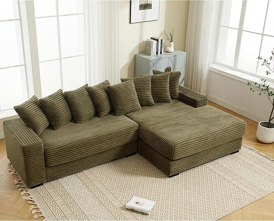 111 Inch Corduroy Sectional Couches for Living Room | L-Shaped Sectional Couch with 8 Pillows | Cloud Couch with Deep Seat | Solid Wood Frame Sofa Green (Right Facing Chaise)