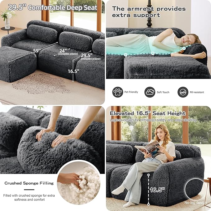 Boneless Couch Sectional Couches for Living Room 80.4'' L Shaped Modular Sectional Sofa with Ottoman Comfy Plush Cloud Boneless Loveseat Deep Seat Modular Couch for Small Spaces Dark Grey