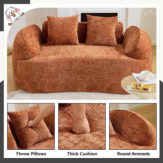 67 Curved Loveseat Sofa with 2 Pillows Modern Boneless Couch in a Box Small Cloud Loveseat for Bedroom Small Space Apartment Living Room Memory Foam Chenille No Assembly (Orange)
