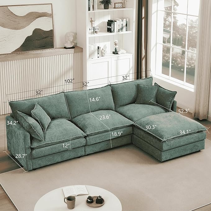 Homy Casa 102 Inch L Shaped Couch Set3-Seat Sectional Sofa with Chaise Comfortable Chenille Fabric Removable Cushions Ottoman DIY CombinationModern Design for Living/Family Room (Mint Green)