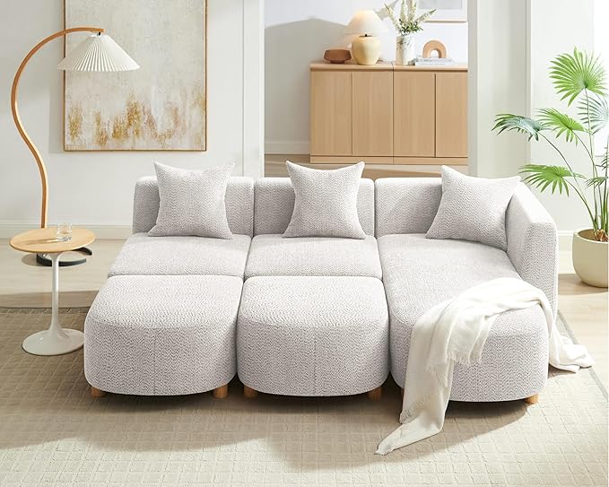 VANOMi 109.84 Modular Sectional Sofa with 3 Pillows Convertible 5-Seater Comfy Boucle Cloud Couch with Ottoman Modern Sectional Sofas for Living Room Office Apartment (Camel)