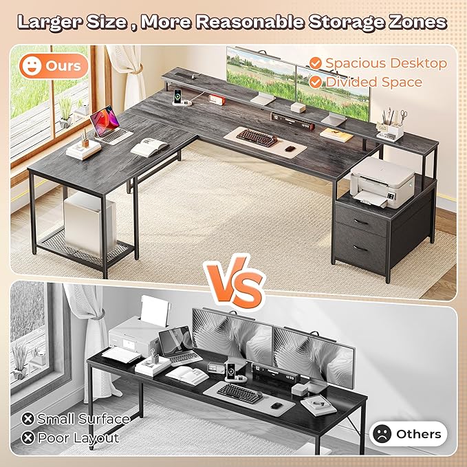 PRAISUN 66 L Shaped Gaming Desk with LED Lights &amp Power Outlets Computer Desk with Fabric Drawers and Print Stand Corner Office Desk Monitor Stand Mesh CPU Stand Grey