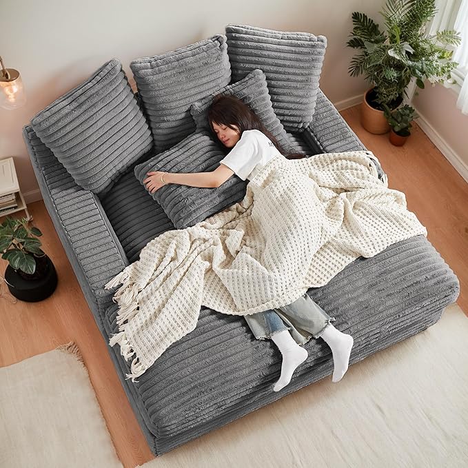 64 Oversized Chaise Daybed Lounge Sleeper Sofa Extra Wide Cloud Sofa&ampCouch Luxury Plush Corduroy Upholstered Loveseat Couch Deep Seat Living Room Queen Size Sofabed W/5 Pillows for Home/Apartmen