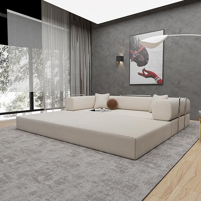 Convertible Sleeper Sofa Bed with Upgraded All High-density 35D Foam No Assembly Foldable Sleeper Couch Folding Floor Boneless Mattress Couch for Living Room Bedroom Apartment Lounge Office Beige